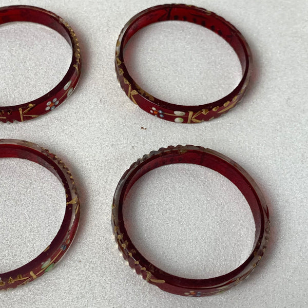 Böhmische Serviettenringe aus rotem Glas mit Emaille Malerei