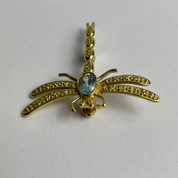 Libelle Brosche Gold mit Auquamarin