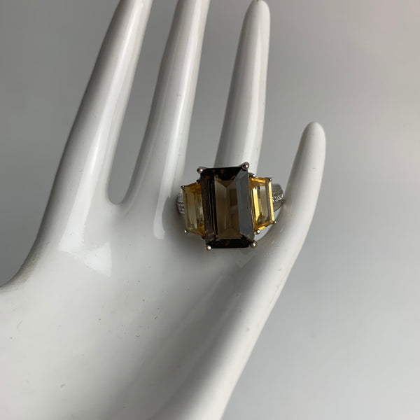 Sterling Silber Ring mit Rauchquarz, Citrin und Diamanten