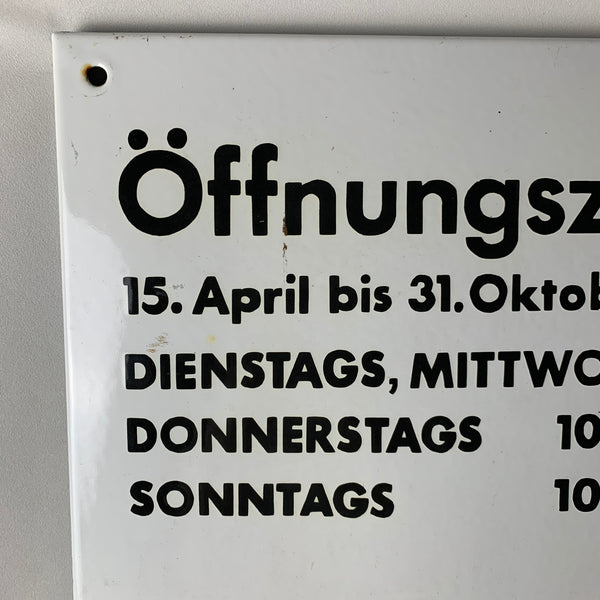 Großes Emaille Schild Öffnungszeiten und Eintrittspreise