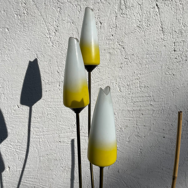 Nierentisch mit Blumenkästen und Lampen