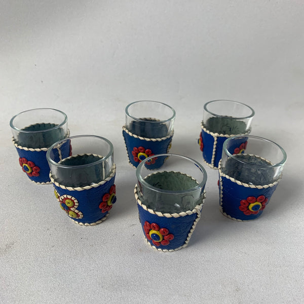 Mid Century 6er Set Schnapsglas mit Leder Hülle