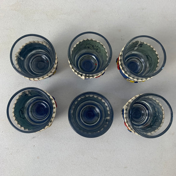 Mid Century 6er Set Schnapsglas mit Leder Hülle