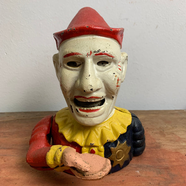 Antike mechanische Spardose aus Gusseisen Humpty Dumpty Circus Clown