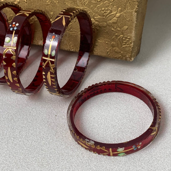 Böhmische Serviettenringe aus rotem Glas mit Emaille Malerei