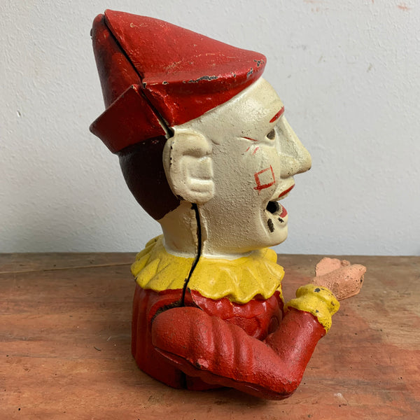 Antike mechanische Spardose aus Gusseisen Humpty Dumpty Circus Clown